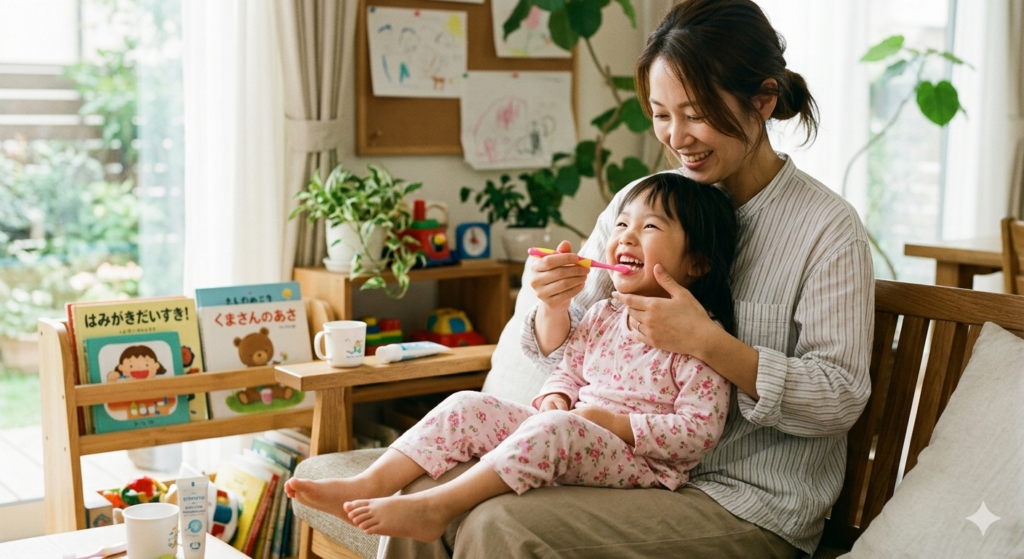 大倉山の歯科医がおすすめする、子どもが笑顔になる楽しい仕上げ磨きの様子。
