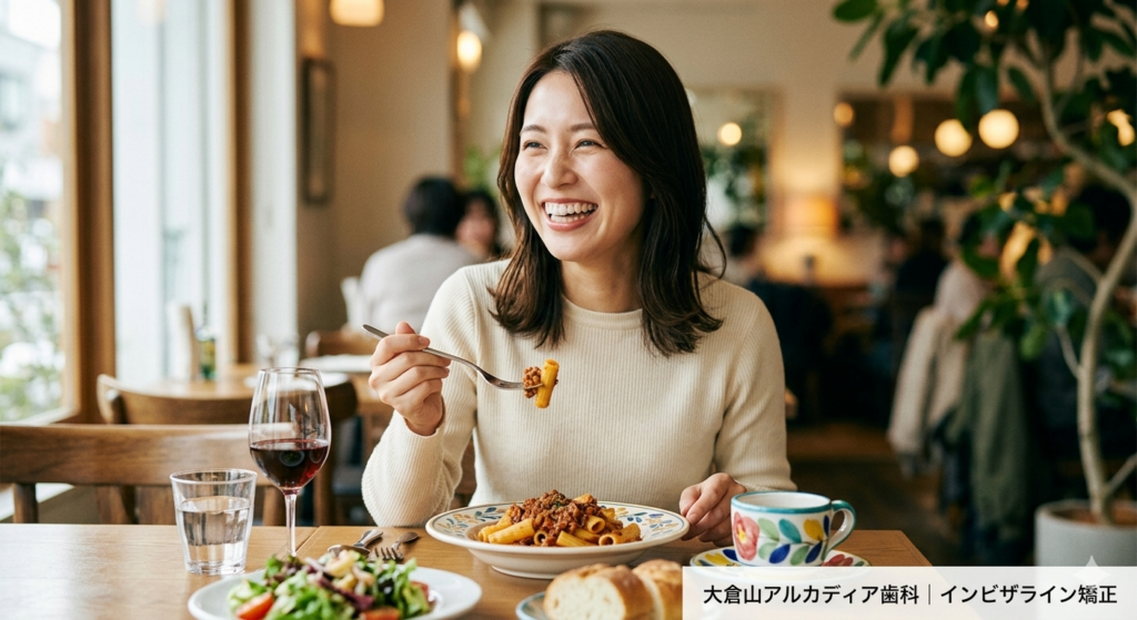 大倉山アルカディア歯科のインビザライン矯正。マウスピースを外して自由に食事を楽しむ女性。