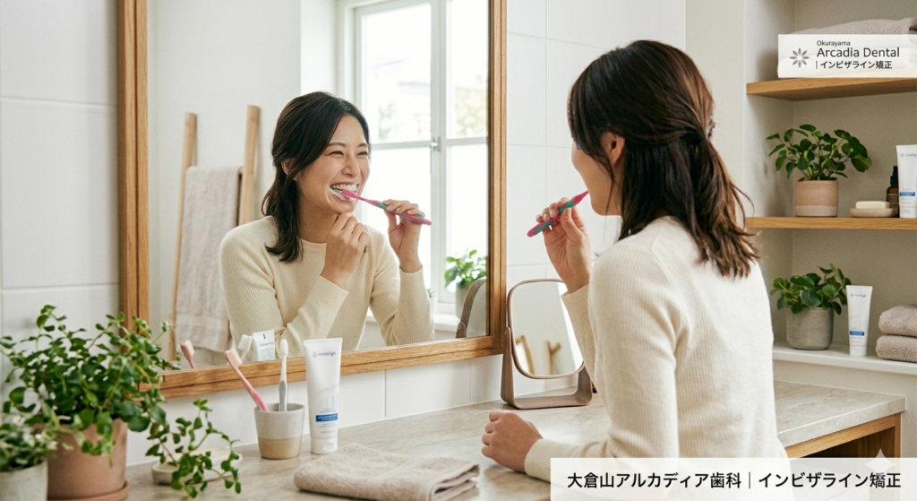大倉山アルカディア歯科が解説する、インビザライン再装着前の丁寧な歯磨きの様子。