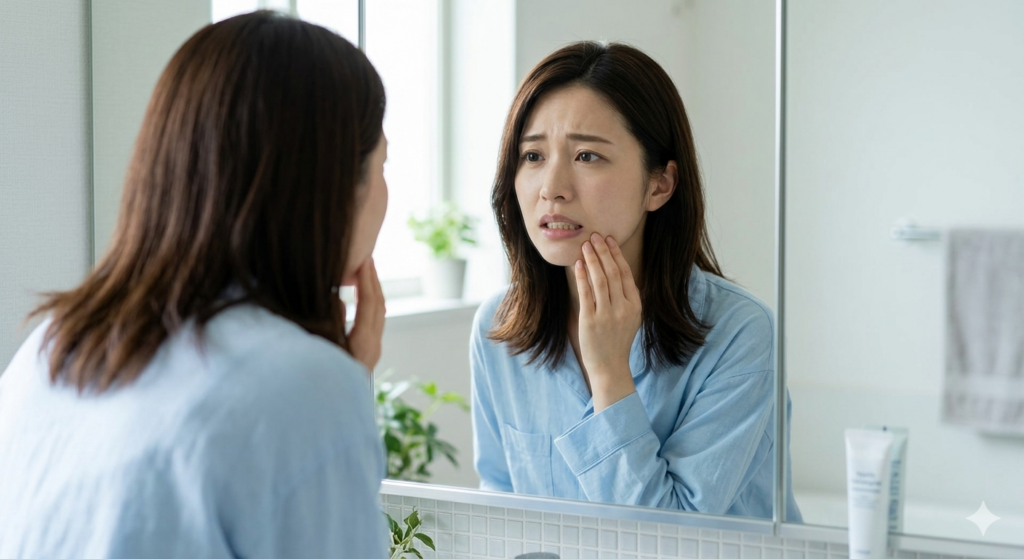鏡を見て、自身の歯の黄ばみにショックを受けている女性のシチュエーション