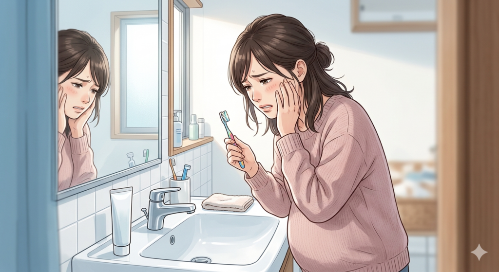大倉山アルカディア歯科が解説するマタニティ歯科。つわりで歯磨きが辛く頬を押さえる妊婦さんのイラストです。