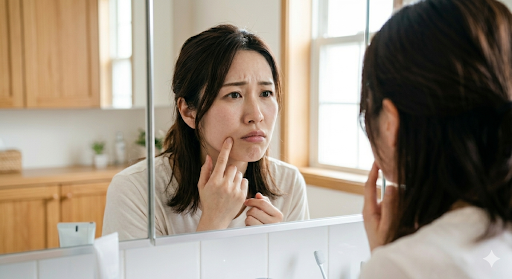 大倉山で抜けた奥歯の相談。鏡で右下奥歯が抜けたままの口元を気にしている女性の写真です。