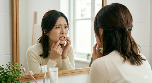 大倉山で歯茎の下がりの相談。鏡で昔より歯が長くなった口元を気にして悩む女性の写真です。