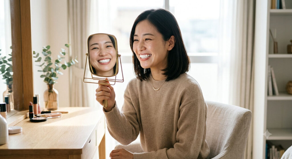 大倉山でホワイトニングの相談。手鏡で白い歯を見て嬉しそうに微笑む女性です。