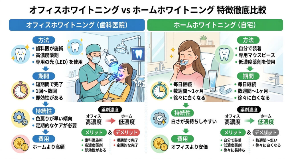 大倉山アルカディア歯科が図解。オフィスホワイトニングとホームホワイトニングの違いです。