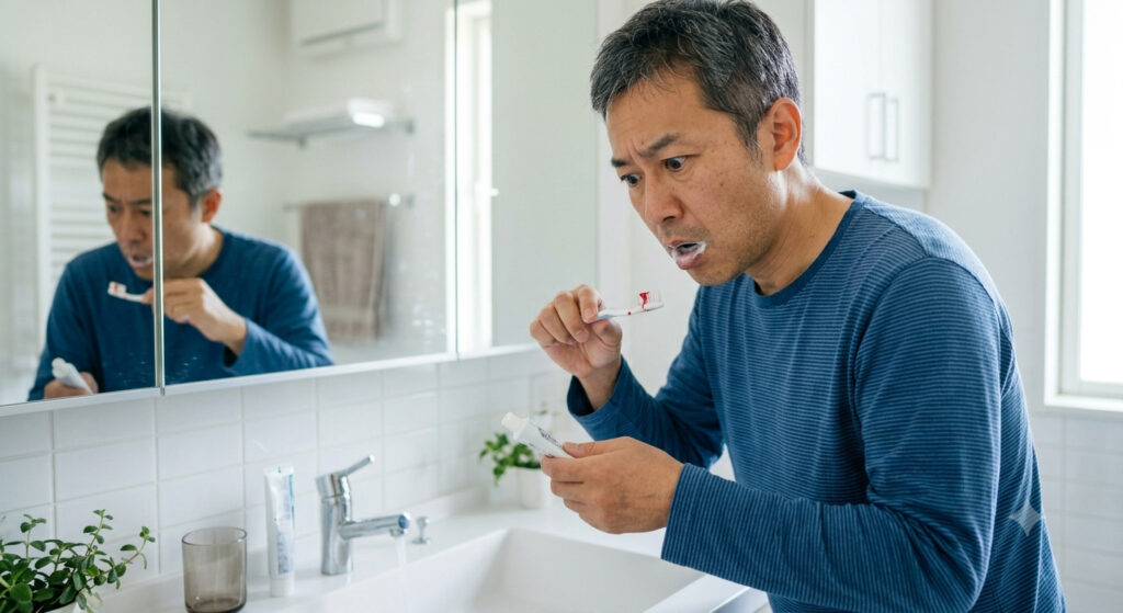 大倉山で歯周病の相談。歯磨き中の出血に驚いて悩む男性の写真です。