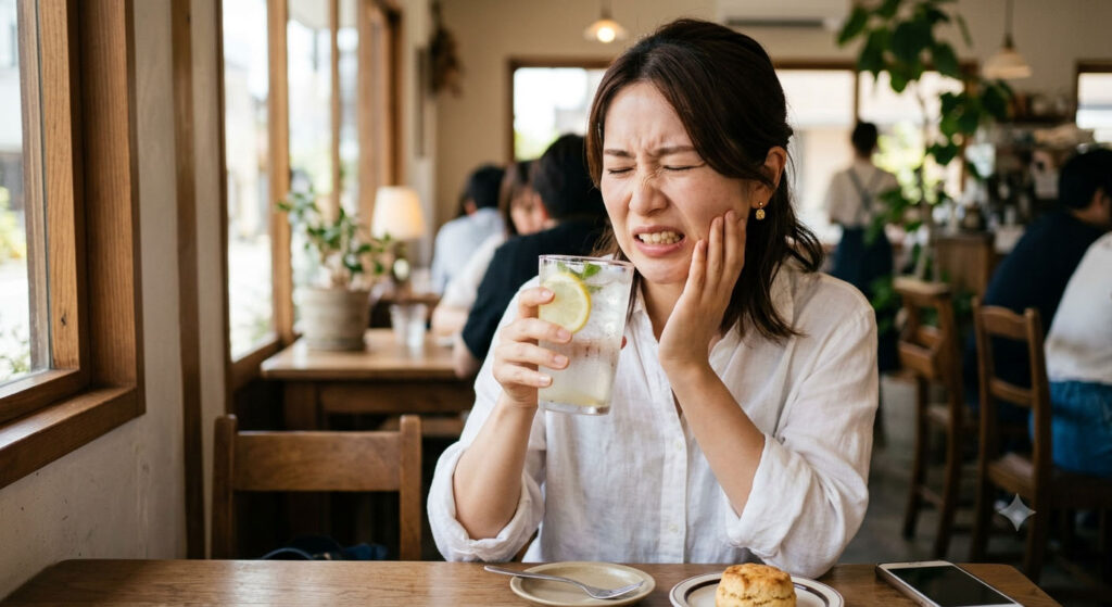 大倉山で知覚過敏の相談。冷たい飲み物で歯がしみて痛がる女性です。