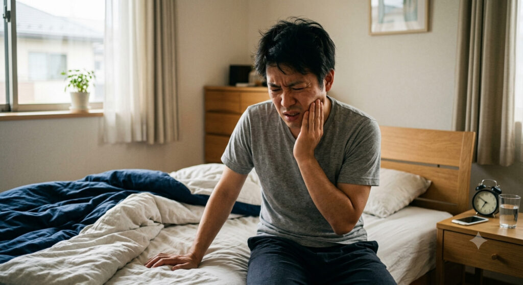 大倉山で歯ぎしりの相談。朝起きて顎の痛みや疲れを感じている男性です。