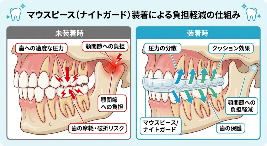 大倉山アルカディア歯科が図解。ナイトガード(マウスピース)が歯ぎしりの負担を軽減する仕組みです。
