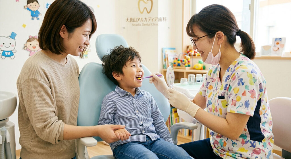大倉山で子どもの歯並び相談。歯科医師の診察を笑顔で受ける子どもと母親です。