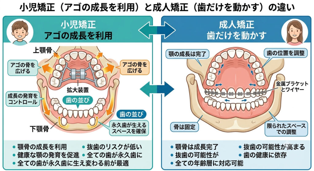 大倉山アルカディア歯科が図解。子どもの矯正と大人の矯正の違いと比較です。