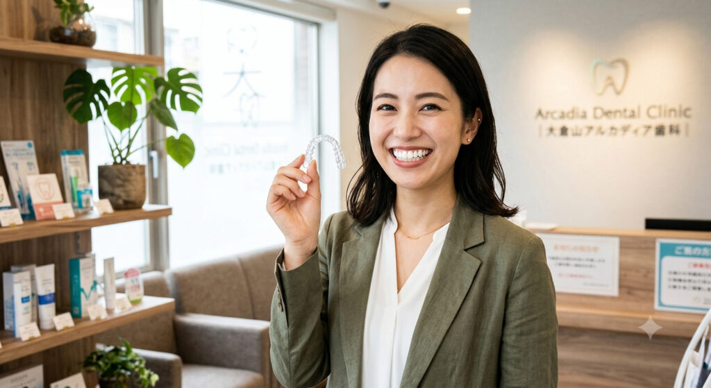 大倉山で目立たないマウスピース矯正の相談。透明な装置を手にして微笑む女性です。