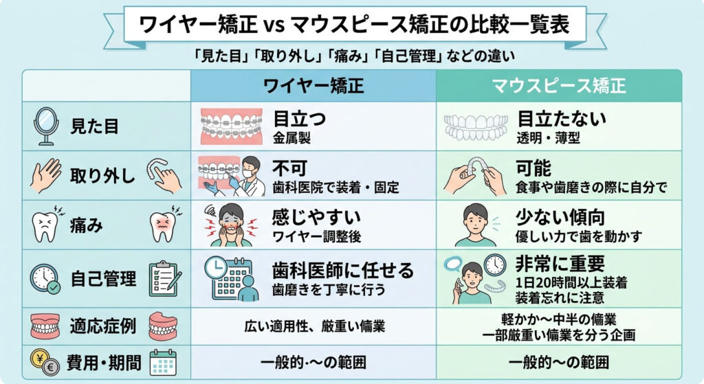 大倉山アルカディア歯科が図解。ワイヤー矯正とマウスピース矯正の特徴と違いの比較表です。