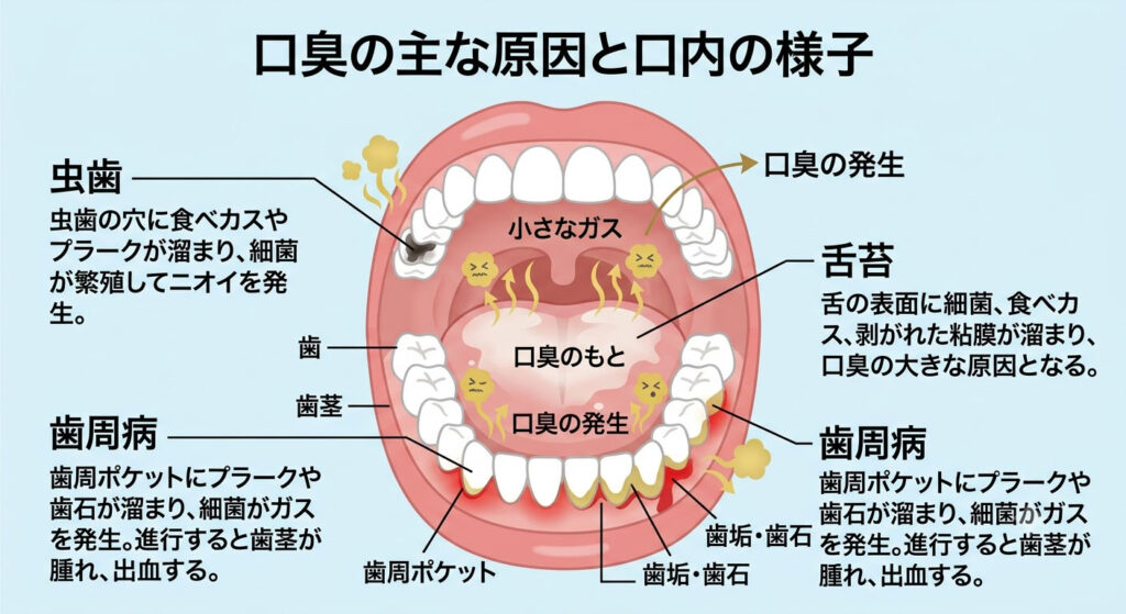 大倉山アルカディア歯科が図解。病的口臭の主な原因となる歯周病、舌苔、虫歯の仕組みです。