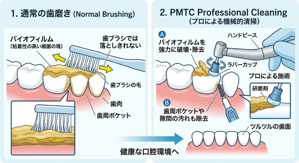 大倉山アルカディア歯科が図解。通常の歯磨きとPMTC（バイオフィルム除去）の効果の違いです。