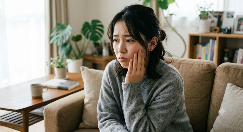 大倉山で親知らずの抜歯相談。頬を押さえて親知らずを気にする人です。