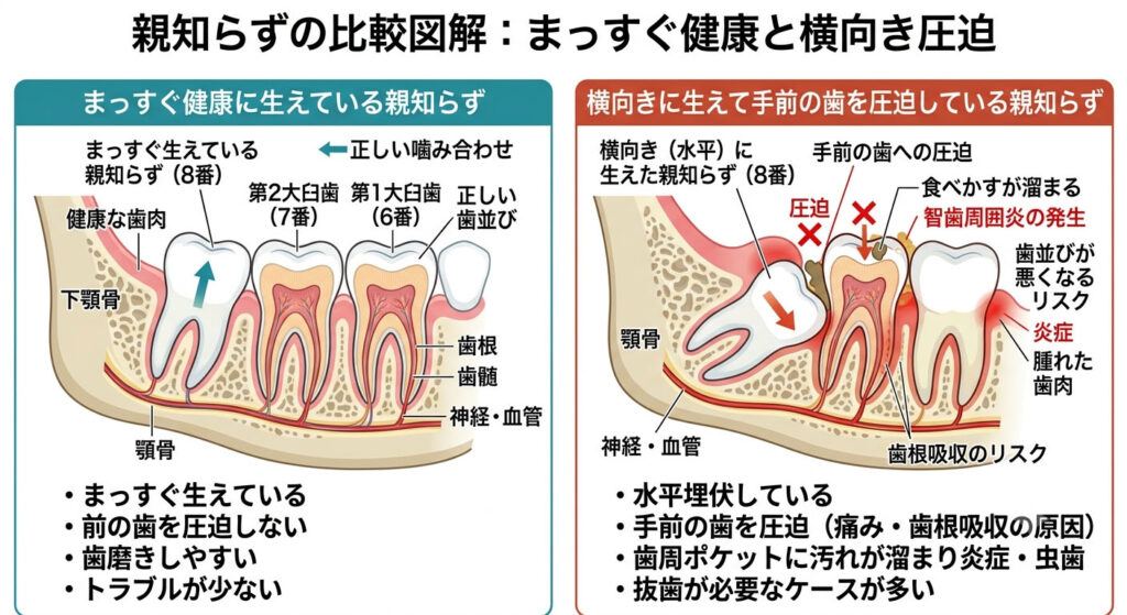 大倉山アルカディア歯科が図解。抜くべき親知らずと抜かなくていい親知らずの違いです