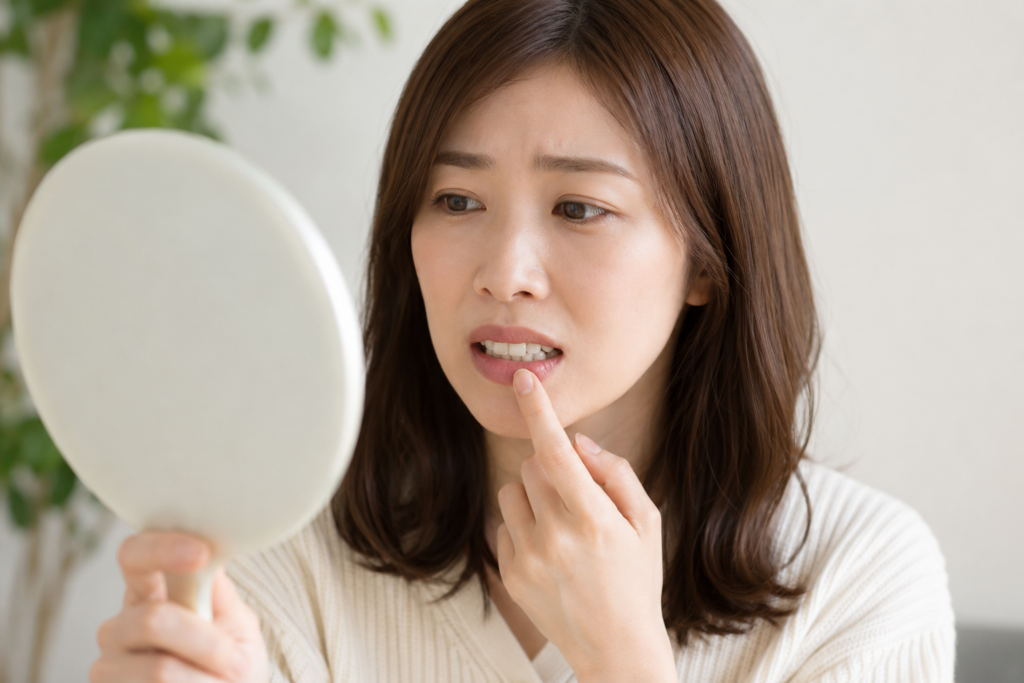 大倉山で歯の健康相談。鏡を見て歯のすり減りや変色が気になる女性です。
