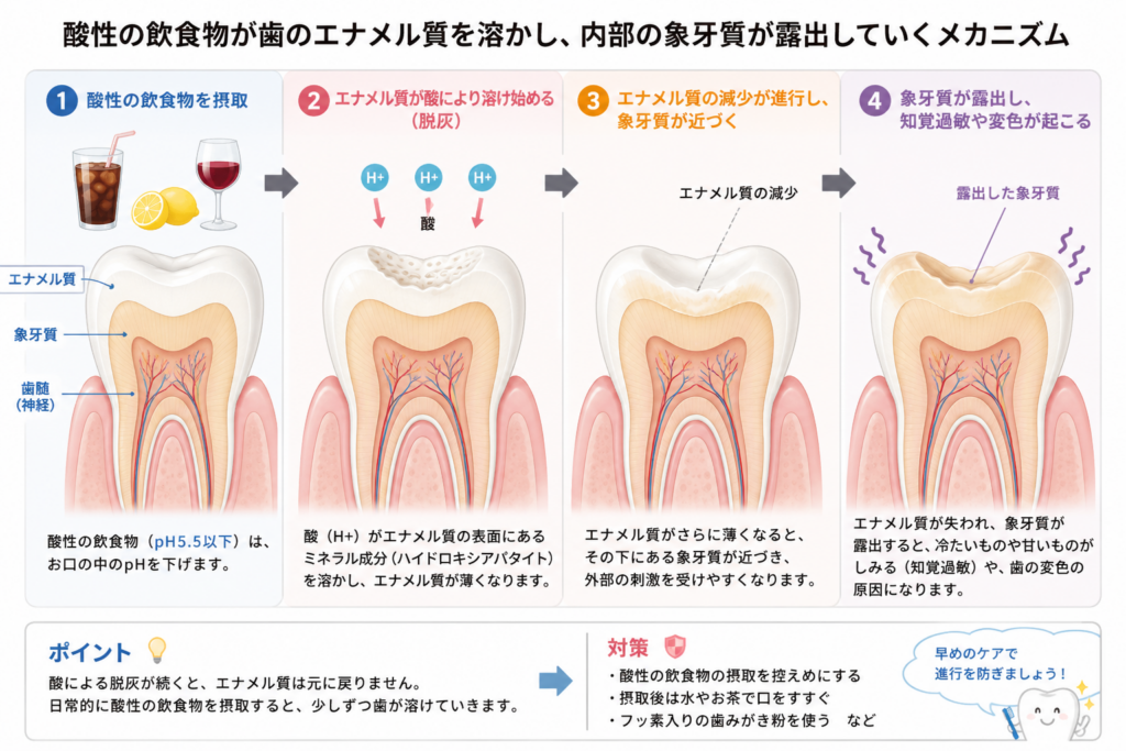 大倉山アルカディア歯科が図解。酸蝕歯によって歯のエナメル質が溶けるメカニズムです。