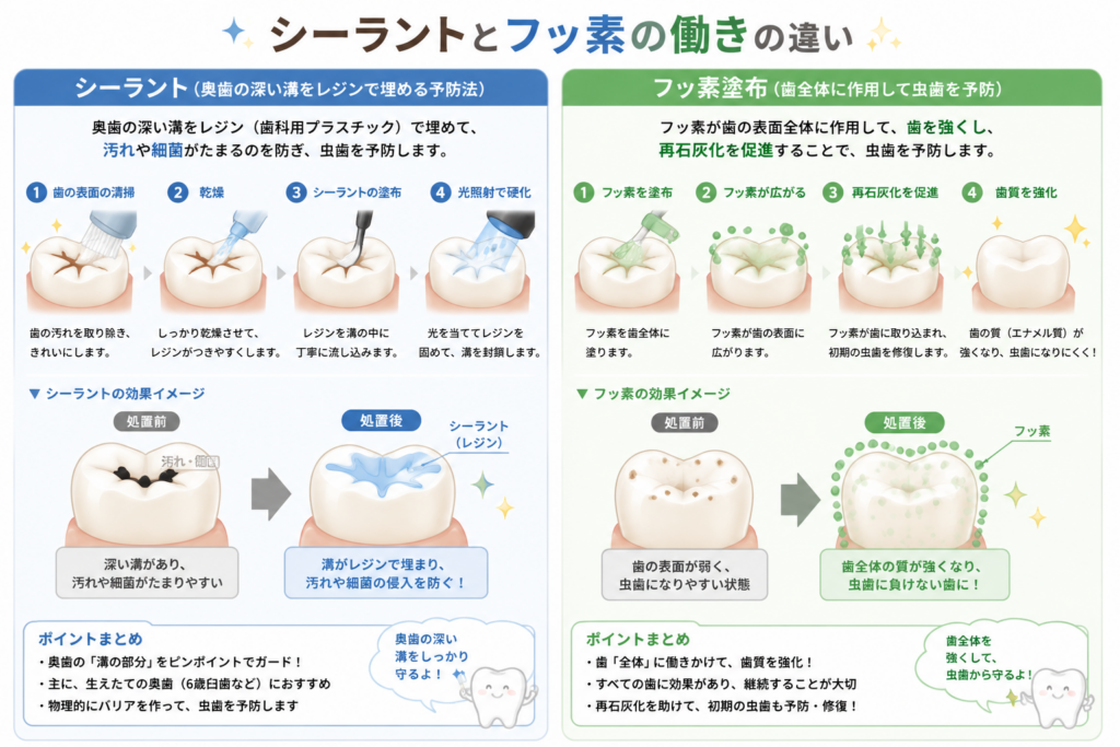 大倉山アルカディア歯科が図解。シーラントとフッ素塗布の仕組みと効果の違いです。