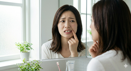 大倉山で前歯の部分矯正の相談。鏡で前歯の隙間やガタツキを気にして悩む女性の写真です。