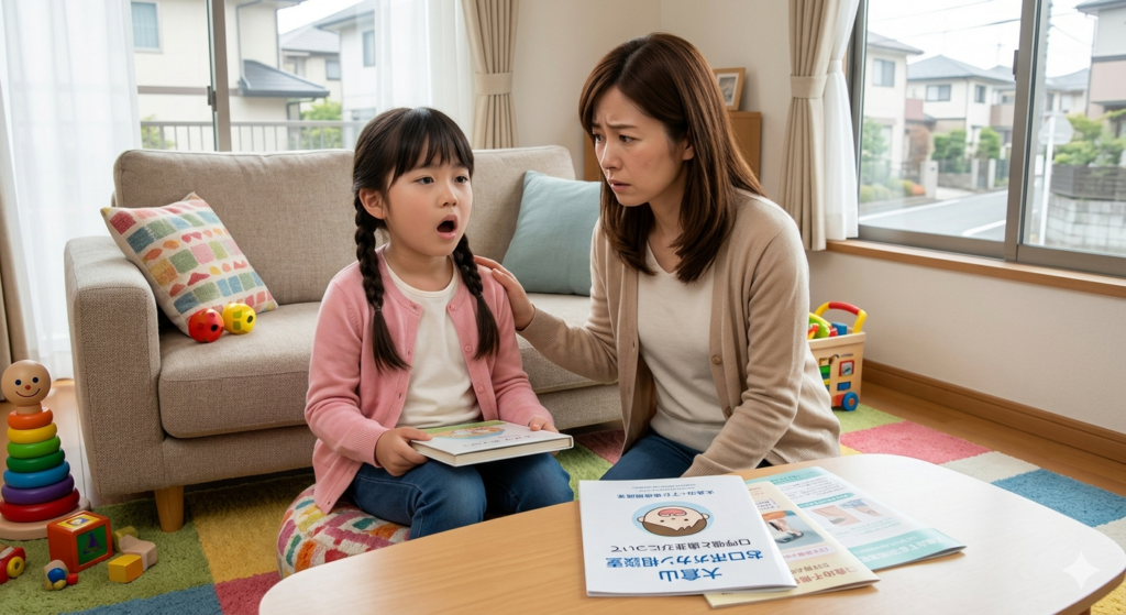 大倉山で子どものお口ポカンの相談。リビングでお口を開けている娘を心配そうに見つめる母親です。