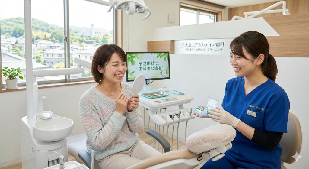 大倉山アルカディア歯科の予防歯科。痛くなる前に定期検診とクリーニングを受ける笑顔の女性です。