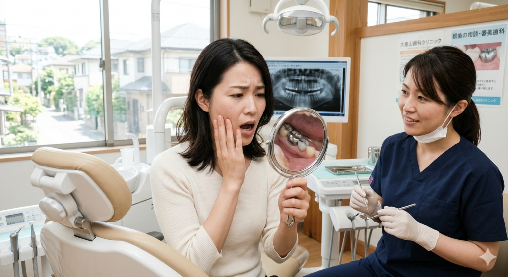 大倉山で銀歯の相談。手鏡で奥歯の銀歯や詰め物を気にして悩む女性の写真です。