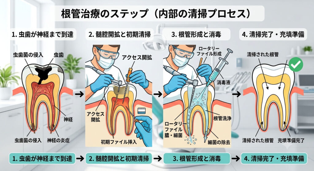  大倉山アルカディア歯科が図解。虫歯で炎症を起こした神経を取り除く根管治療の仕組みです。