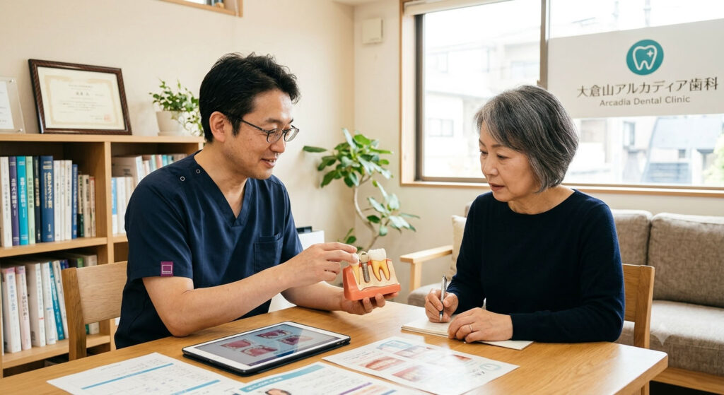 大倉山で失った歯の治療相談。模型を使ってインプラントや入れ歯の説明を受ける患者様です。
