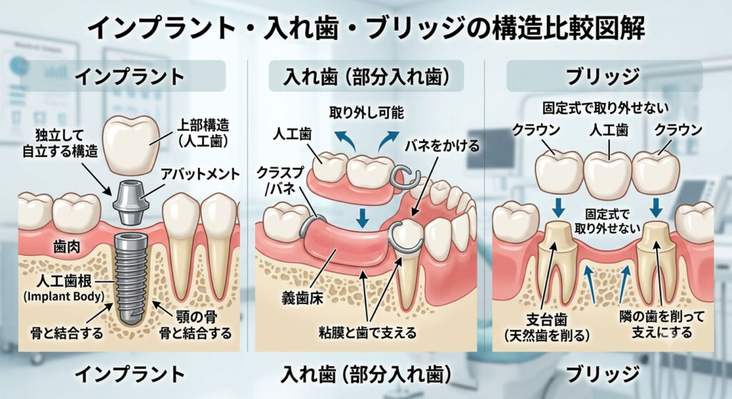 大倉山アルカディア歯科が図解。インプラント 入れ歯 ブリッジの構造と違いの比較です。