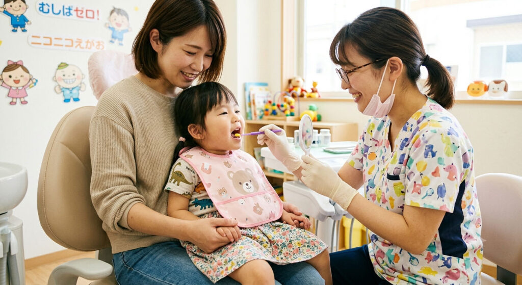 大倉山アルカディア歯科の小児歯科。母親の膝の上で安心してフッ素塗布を受ける子どもです。